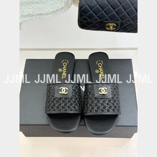 샤넬 메탈릭 우븐 슬림 슬리퍼 블랙