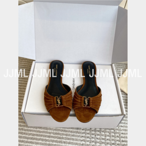 생로랑 바빌론 플랫뮬 슬라이드 스웨이드 브라운